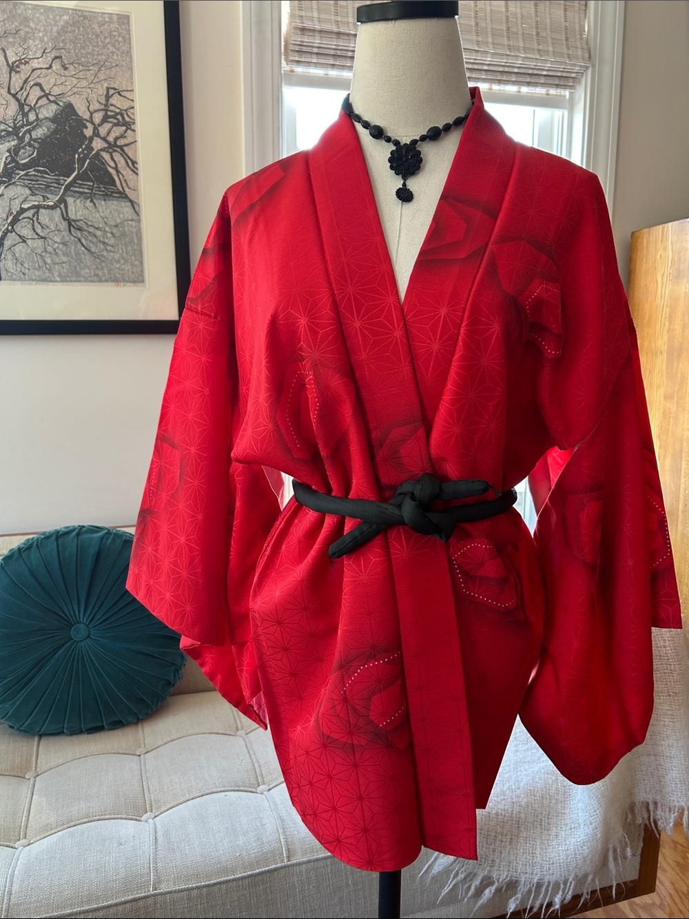 Stunning Red Silk Haori Kimono Jacket, , Vintage - Picture 2 of 10